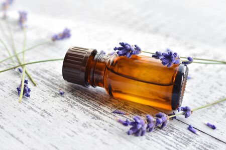 Organic lavender essential oil in dark glass transparent bottle and fresh lavender flowers on old light wooden background. Natural daylight, side view. Aromatherapy treatment.の写真素材
