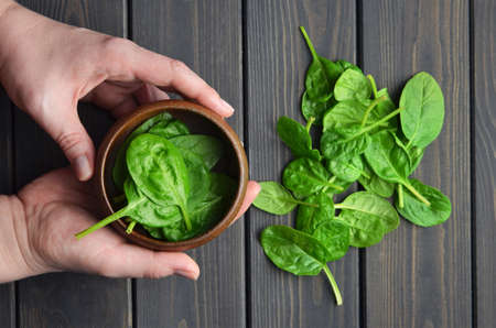 Person's hands holding a bowl with fresh raw green spinach leaves. Healthy vegan food trend. Green...