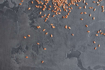 Healthy food background - flax seeds on dark concrete background, top view.の写真素材