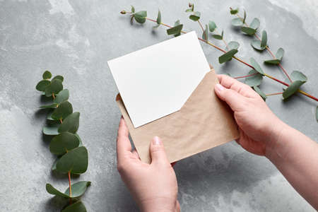 Invitation or greeting card in female hands with fresh eucalyptus twigs on grey concrete background,...