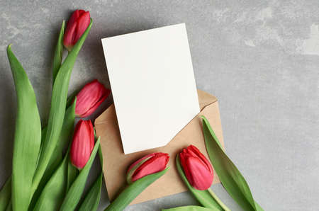 Greeting card with fresh red tulips on grey concrete background, card mockupの写真素材
