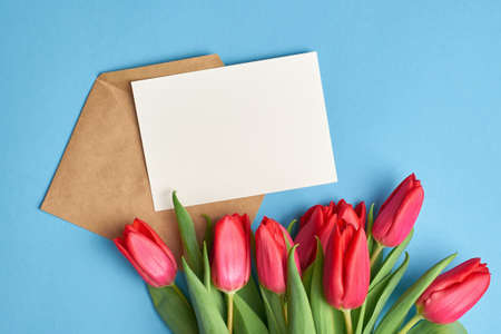 Card mockup with red tulips and craft envelope on blue paper backgroundの写真素材