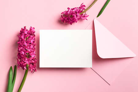 Invitation or greeting card mockup with envelope and spring hyacinth flowers on pink paper backgroundの写真素材