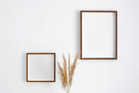 Blank square and portrait frames mockup on white wall with dry plant decorations. Minimalistics style interior with artwork mockup.の写真素材