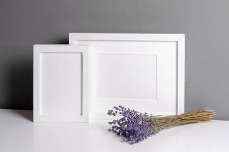 Frames mockup for photo or print presentation with lavender flowers. Minimalistics style indoor...