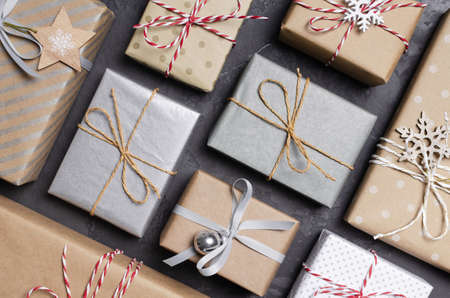 Lots of decorated christmas gift boxesの写真素材