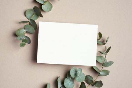 Greeting or wedding invitation card mockup with natural eucalyptus twigs. Blank card with copy space.の写真素材