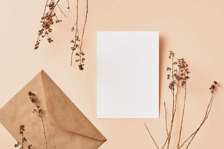 Invitation or greeting card mockup with natural dry twigs decorations