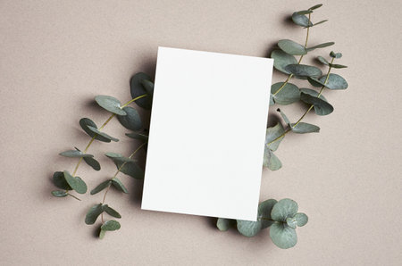 Invitation or greeting card mockup with natural eucalyptus twigs on paper background