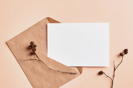 Greeting or invitation card mockup with natural dry twigs decorations, top view, copy spaceの写真素材