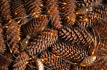 Winter holidays background, natural pine tree cones with lighting garland, christmas card