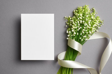 Invitation or greeting card mockup with lily of the valley flowers bouquet, blank card with copy spaceの写真素材
