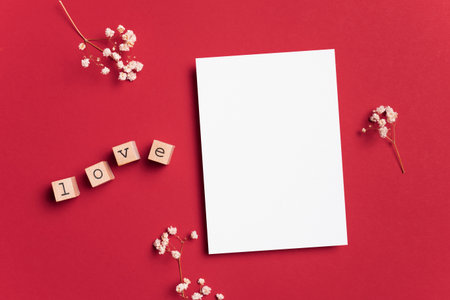 Happy Valentines Day greeting card mockup with hearts on red, viva magenta color trendの写真素材