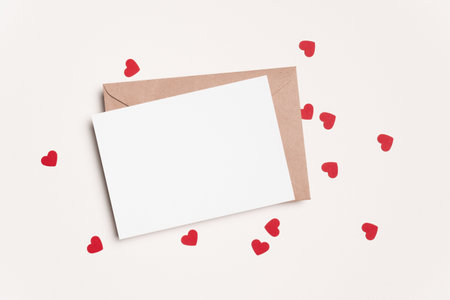 Blank Valentines Day greeting card mockup with envelope and red hearts, flat lay with copy spaceの写真素材