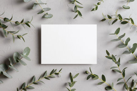 Blank invitation, flyer or greeting card mockup with natural eucalyptus plant decorations, flat lay with copy spaceの写真素材