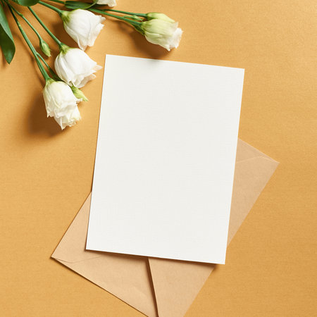 Invitation or greeting card mockup with envelope and white eustoma flowers, blank card with copy spaceの写真素材