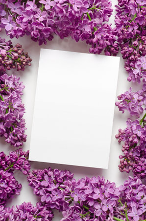 Wedding invitation card mockup with spring lilac flowersの写真素材
