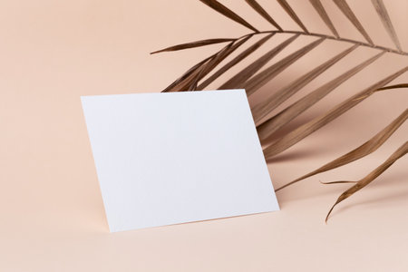 Blank invitation card mockup with dry botanical decor on beige paper backgroundの写真素材
