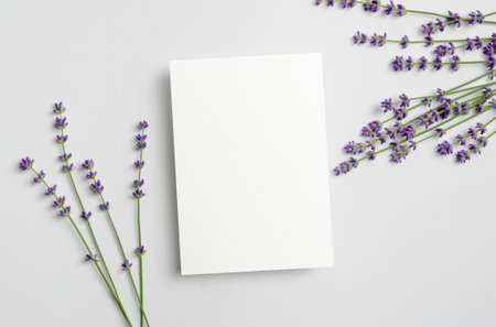 Greeting, wedding invitation or flyer card mockup with fresh lavender flowers, stylish flat lay with copy spaceの写真素材