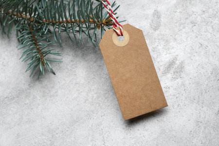 Craft carton gift tag or label with copy space for design presentation, christmas gift labelの写真素材