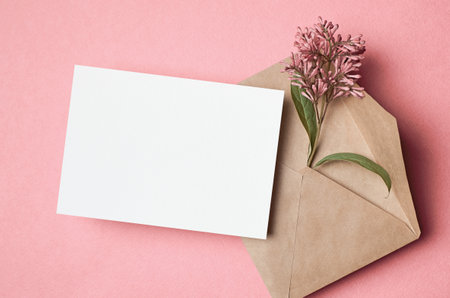 Greeting or invitation card mockup with envelope and flowers on pink, white card mock upの写真素材