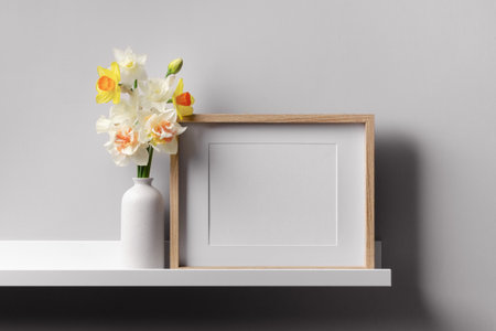 Blnank landscape picture frame mockup with flowers, blank mockup with copy space