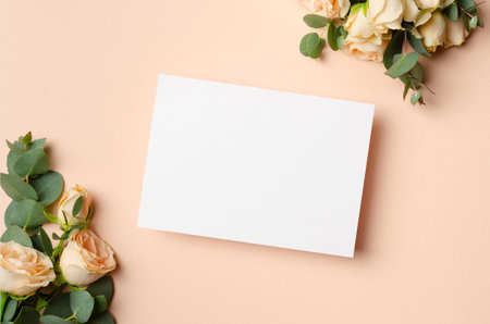 Wedding invitation card mockup with flowers, blank card mock up with copy spaceの写真素材