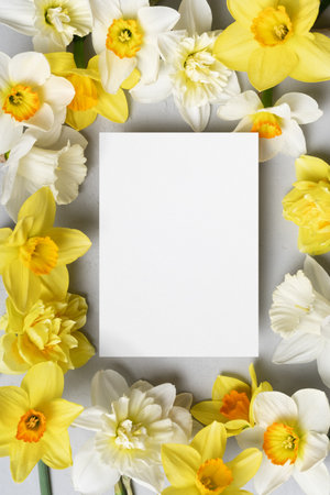 Wedding invitation or greeting card mockup with spring daffodils flowers, paper card with copy spaceの写真素材