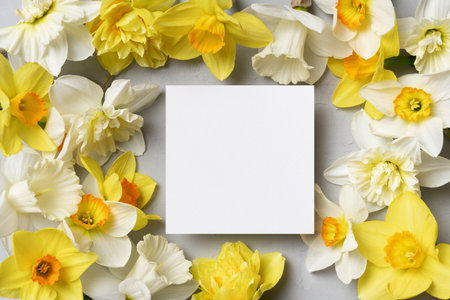 Blank square greeting card mockup with yellow daffodils flowers, white paper card mock up with copy space, top viewの写真素材