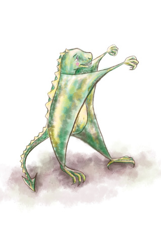 Green dinosaur paw reaches for hugsの写真素材