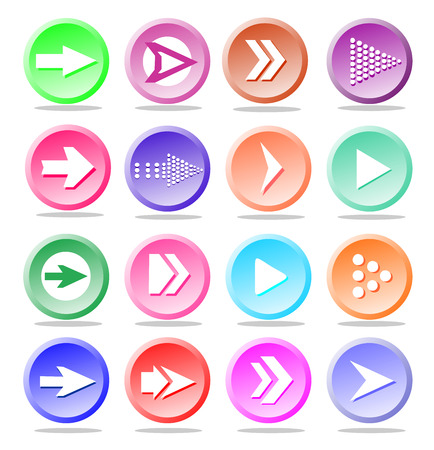 Arrow sign icon set. Simple circle shape internet button with shadows. Vector illustration for web design. Set of  16 iconsのイラスト素材