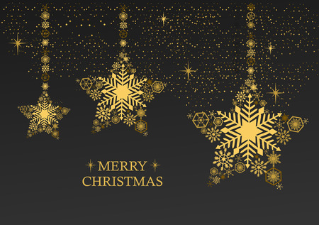 Golden christmas stars with snowflakes on a black Holiday cardのイラスト素材