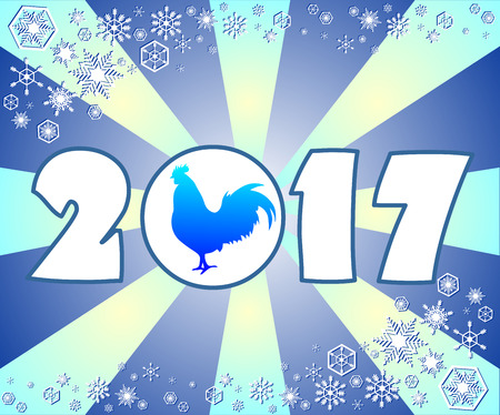 Illustration for the new year rooster on a blue background with snowflakes. 2017.のイラスト素材