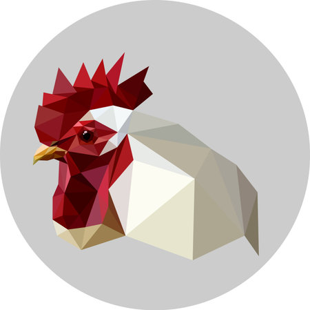 Rooster in a polygon style. Fashion illustration of the trend in style on gray background. Farm animals.のイラスト素材