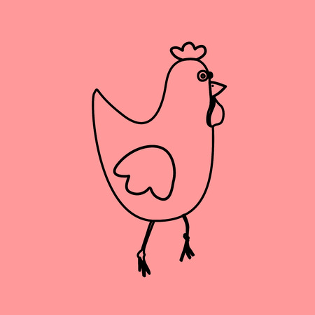 Simple icon with the image of a black chicken contour on a pink background. Fashion illustration in a flat style.のイラスト素材