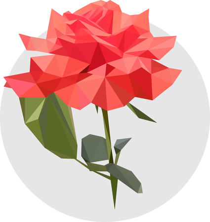 Pink rose in the style of the polygon. Fashion illustration of the trend in style on gray background. Gentle illustration flower with leaves.のイラスト素材