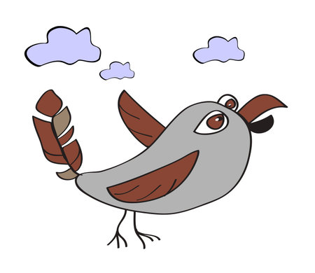 Funny primitive bird in flight and clouds. Funny character - a sparrow for designlogo, site, children's products.のイラスト素材