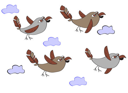 A flock of funny birds - sparrows flying in the clouds. Simple children's illustration with ornament ellementamion a white background.のイラスト素材