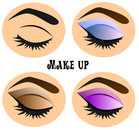 Fashion illustration on the theme of eye makeup. Lesson applying eyeshadow. Multicolored options applying cosmetics.のイラスト素材