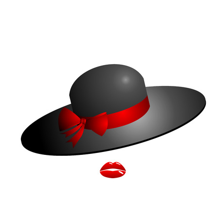 Feminine elegant classical glamorous women in black hat with a red bow. Visible only her lips bright red. Illustration on white backgroundのイラスト素材