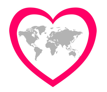 The stylized image of the continents in the center of a pink heart. Card about love and ecology.のイラスト素材