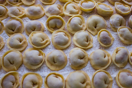 Meat dumplings, hand-molded, are laid out in rows. A hearty home-made dish, traditional Russian cuisine. View from above.の写真素材
