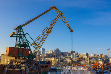 Large seaport, harbor. Loading cargo on the ship, sea freight. A large crane in the foreground. Away...