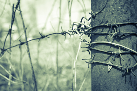 Element of an old fence with barbed wire. Fencing, imprisonment, restriction of movement. Muted tone, the background is blurred.の写真素材