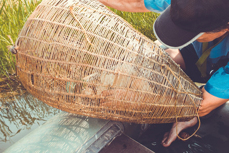 Fishing tackle, top, fisherman on a rubber boat. A lake, a river, a sunny summer day. Male hands check the trap. Vintage toning, daylight.の写真素材