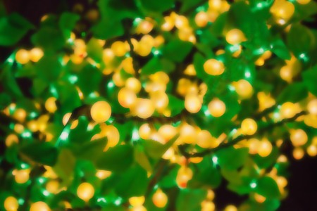 The branches of the tree are decorated with a bright garland. Yellow and green colors. Decoration in the form of fruits and leaves. It's all blurry.の写真素材