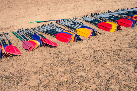 Paddles for rowing on the sand. Big team, teamwork, common goal, task. Rafting, summer activity....