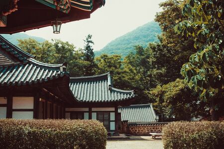 House, manor in the mountains. Traditional korean architecture. Around the green trees. Far mountains, sky. Toning.の写真素材