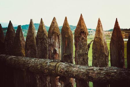 Rough log fence, sharp tops. Far away mountains, green grass. Obstruction, isolation, closeness. Toning.の写真素材
