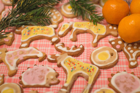 Cookies and tangerines on the New Year's table. Comfort, household chores. Everything is blurry. Christmas background.の写真素材
